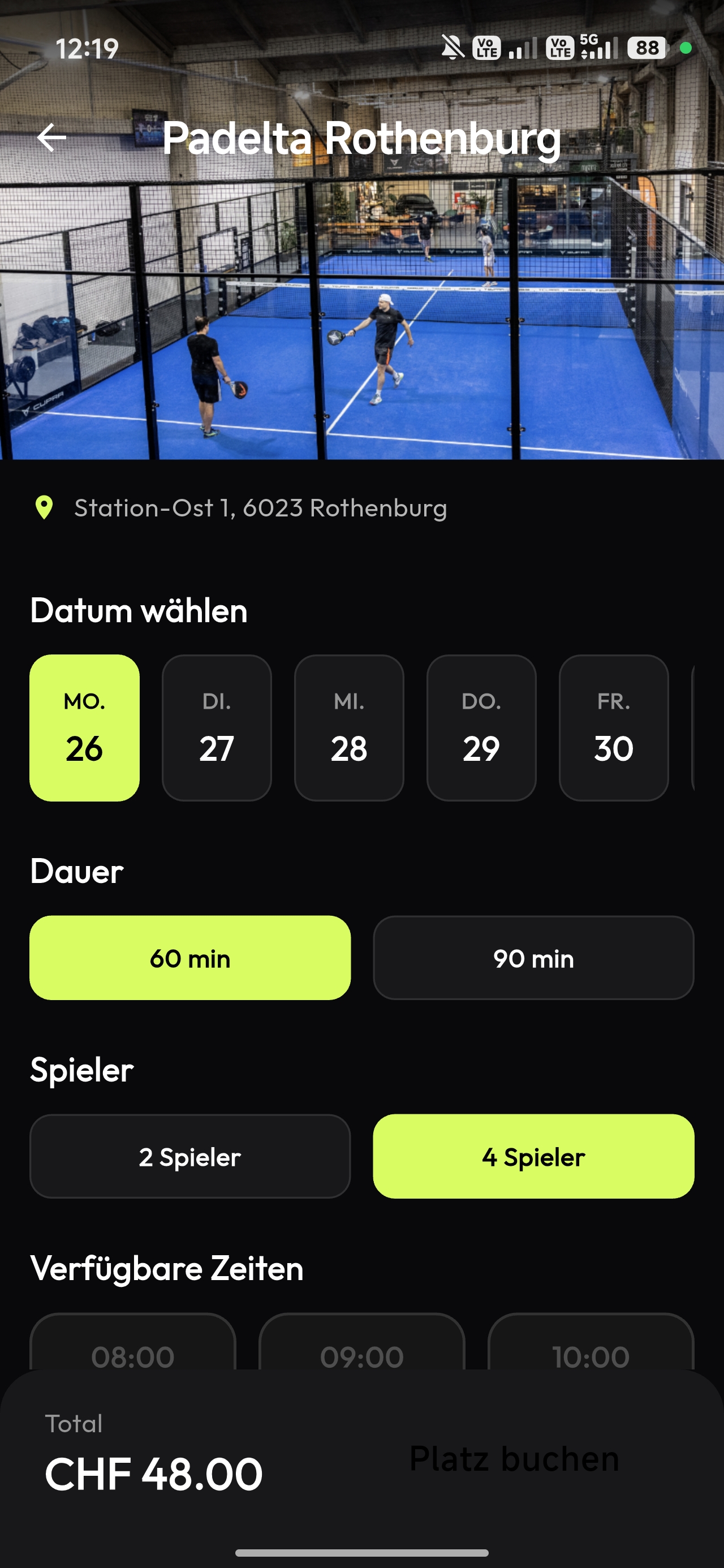 PadelApp Buchung - Padel Platz online reservieren mit Zeitauswahl