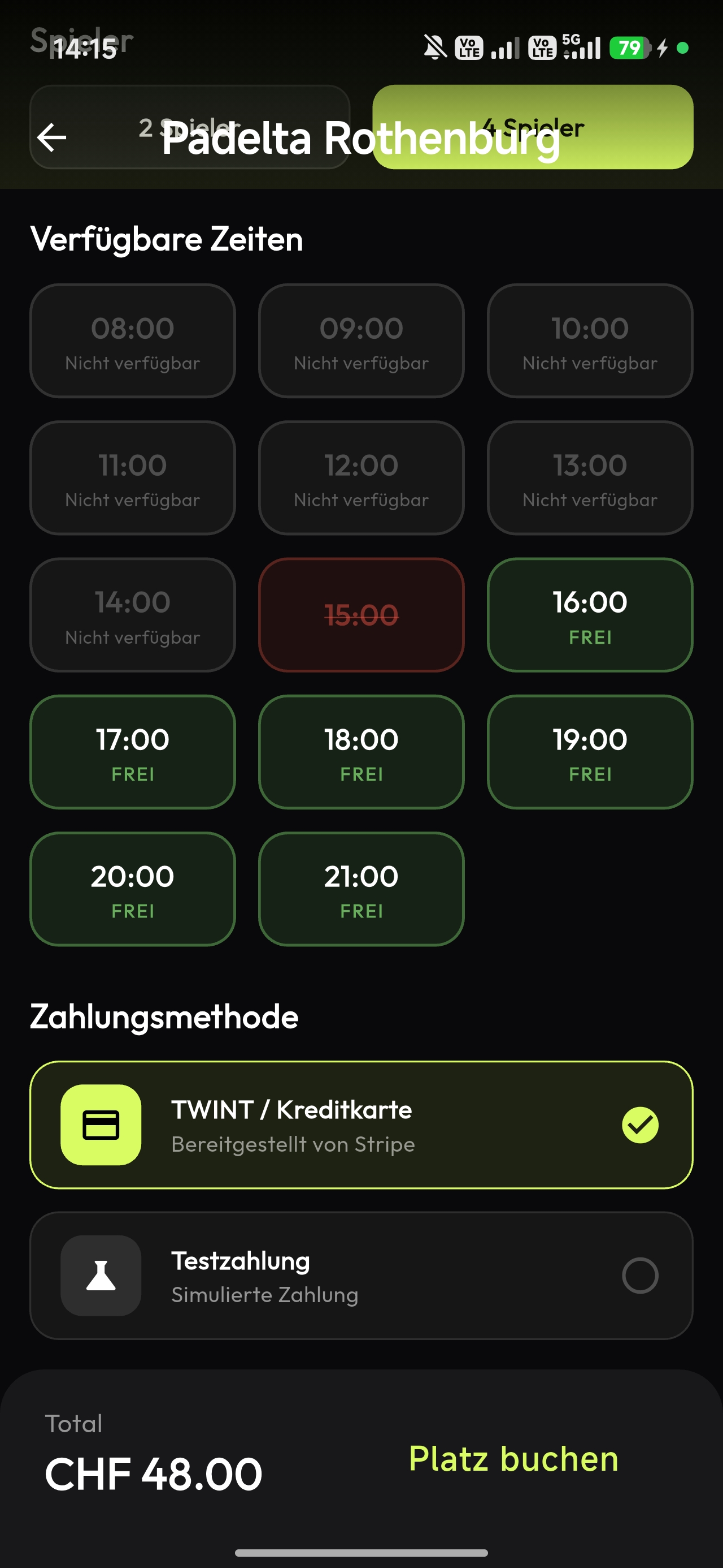 Sichere Zahlung - TWINT und Kreditkarte für Padel Buchung